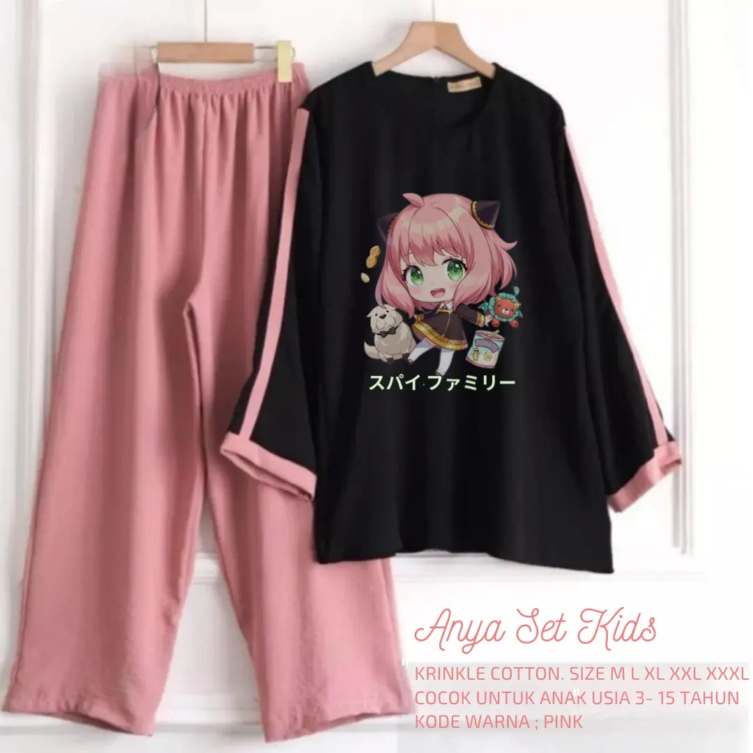 Best Seller Setelan Anak Perempuan SPY x FAMILY Anya Set Kids Krinkel Airflow Size M L XL XXL XXXL LOVE SET/SETELAN CRINKLE AIRFLO Baju Motif Viral di Fashion 8–12