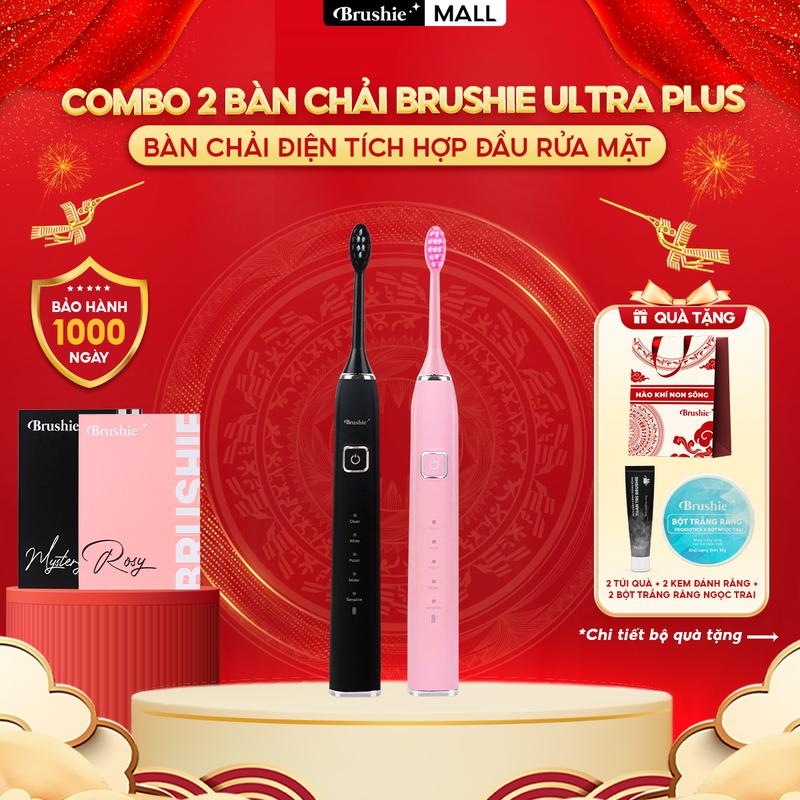 [SIÊU SALE] Combo 2 bàn chải điện Ultra Brushie Plus chính hãng tích hợp đầu rửa mặt hỗ trợ làm sạch hiệu quả và tiết kiệm chi phí  [ Bảo hành 1000 NGÀY ] - TẶNG 2 túi kháng chiến + 2 kem đánh răng + 2 bột trắng răng ngọc trai