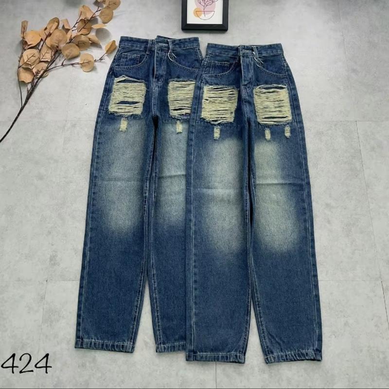 Quần baggy jean nữ ống Đứng lưng cao k co giãn ,Quần baggy nữ màu xanh rách 2 bên túi from 9 tấc NJ424