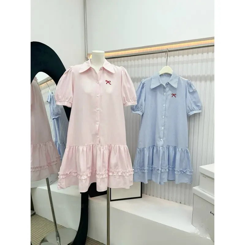 Váy bầu babydoll thiết kể cổ sơ mi thêu nơ đỏ xinh xắn,thiết kế Lachic v52 3