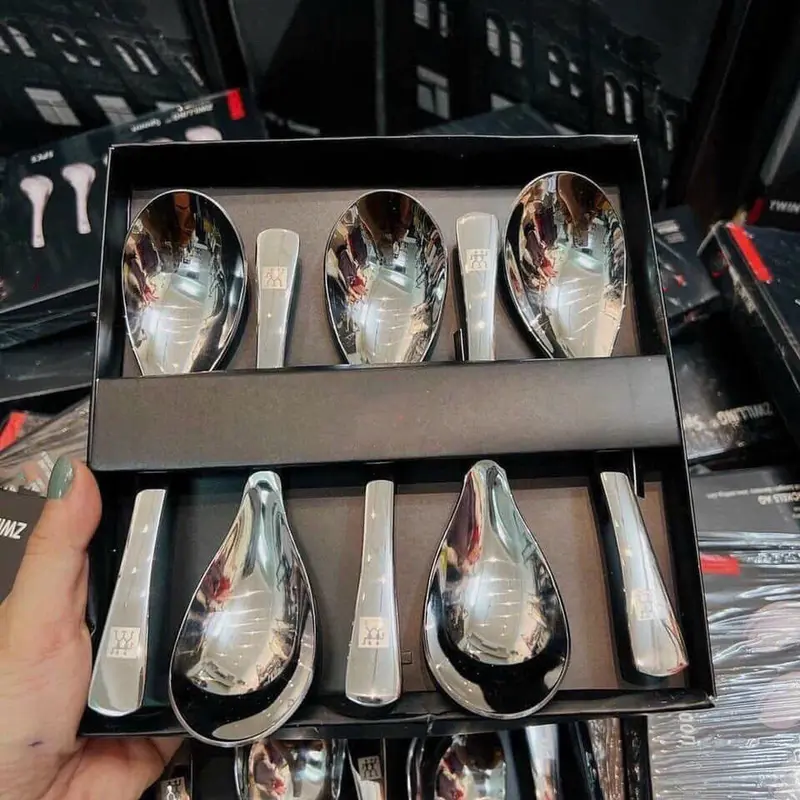 Set 5 Thìa inox kháng khuẩn loại cán ngắn dày dặn, full hộp muỗng  để 5  muỗng 1