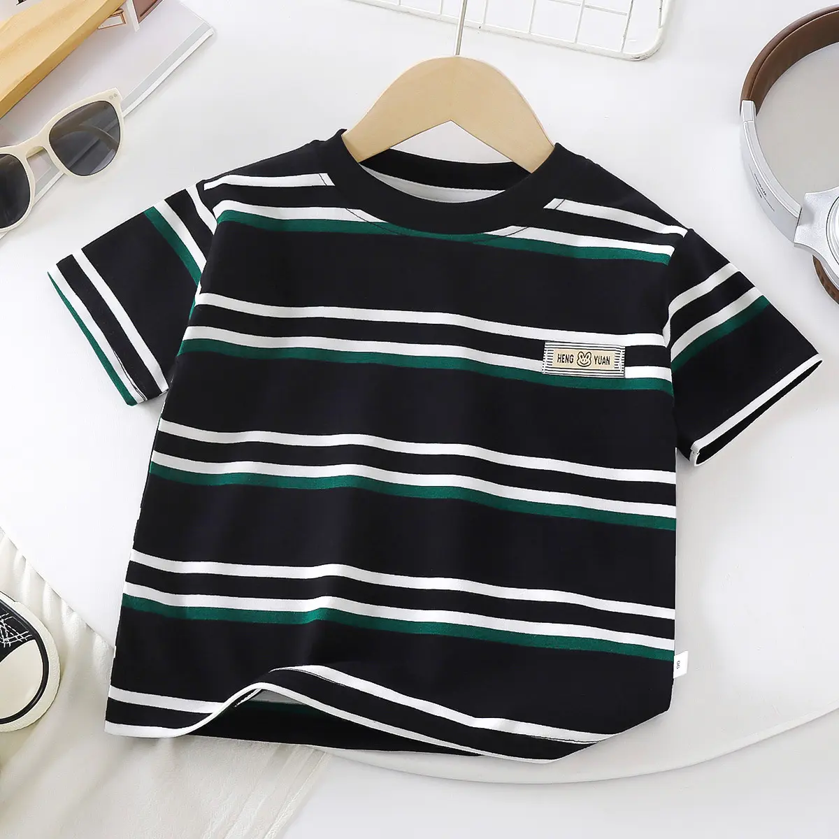 เสื้อแขนสั้นผ้าฝ้ายยืดสำหรับเด็กอายุ3-12ปี | ผ้าเขตราย A ตามมาตรฐานความปลอดภัย | ลายล้อมรอบภูมิประเทศเขตร้อนและการ์ตูนไซส์เล็กสำหรับอายุ5-10ปี เสื้อ  ยืด  ลาย  ทาง  เด็ก  ผู้  ชาย