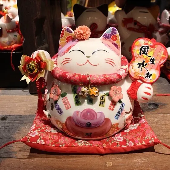 Mèo Thần Tài May Mắn Neko Maneki Sakura bằng gốm sứ trắng cao cấp 8 inch