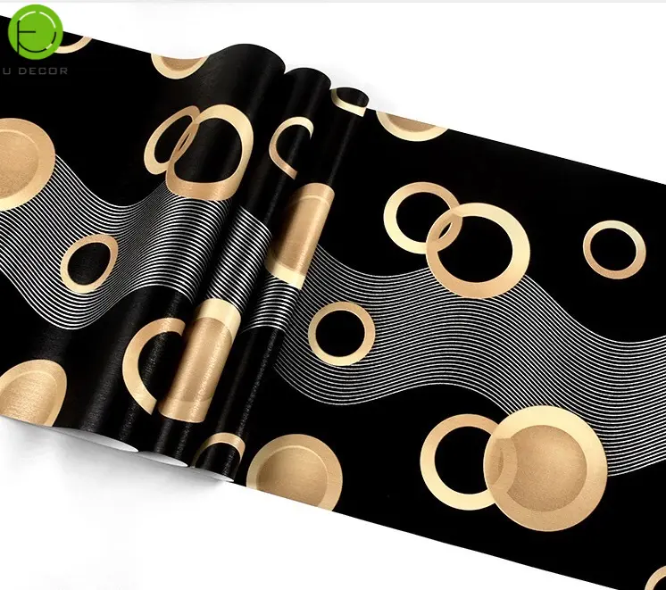 Wallpaper Sticker Dinding Hitam Motif Bulat Emas Minimalis Modern Estetik 10 m