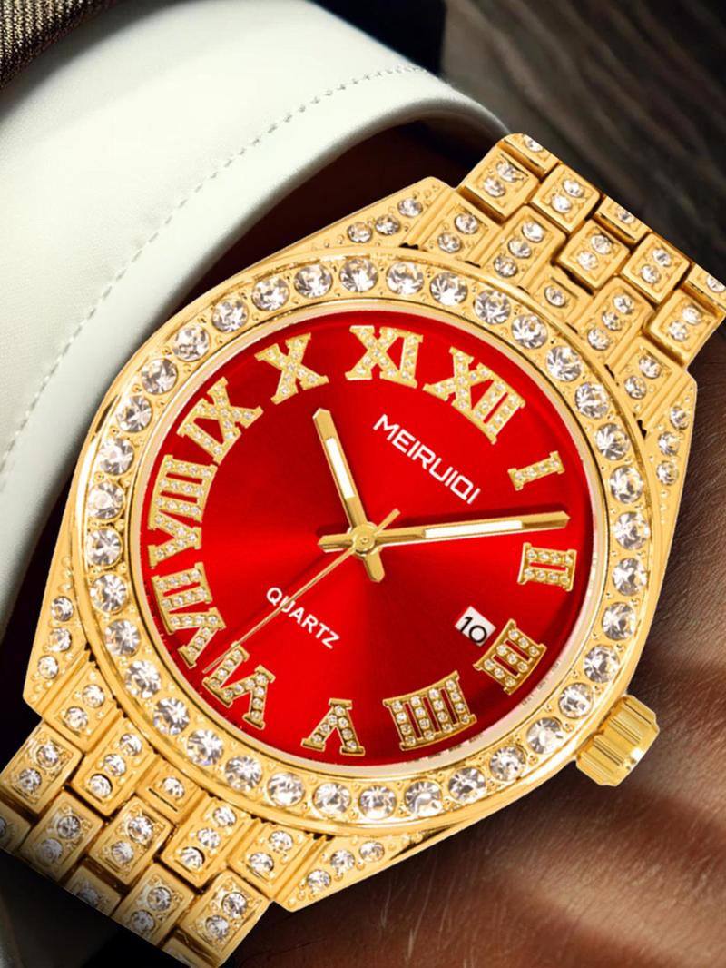 Product Introduction of Men's Business Fashion Rhinestone Decorated Analog Quartz Watch, with Box, Fashion Watch for Party, Daily Decor, Trendy All-match & Exquisite Watch for Birthday Gift 2