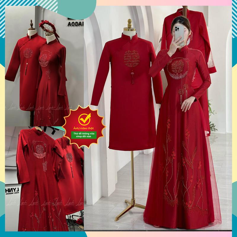 Cặp áo dài cô dâu Thiết Kế Họa Tiết HỈ SEN QUỐC DÂN 2 MẦU TRẮNG VÀ ĐỎ ĐÔ - Áo Dài Lynh Váy Cưới Áo Cưới Hoa Sen Váy Cưới