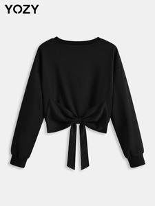YOZY Women's Plain Bow Decor Pullover Sweatshirt, Casual Long Sleeve Bowknot Pullover for Daily Wear, Ladies Clothes for All Seasons