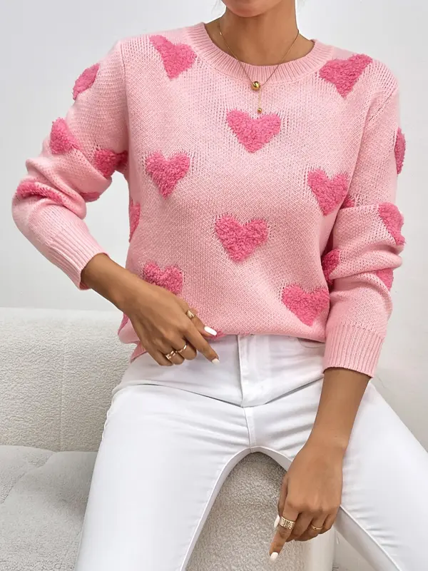 Women's Minimalist Heart Print Drop Shoulder Crewneck Sweater Tops, Basic Casual Long Sleeve Round Neck Knitting Jumper for Fall & Winter, Valentine's Day Gift, Womenswear 2