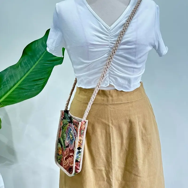 Túi vải đeo chéo đựng điện thoại kich thuoc 12cm x20cm/Túi vải handmade dây bện phối vải đay linen 2