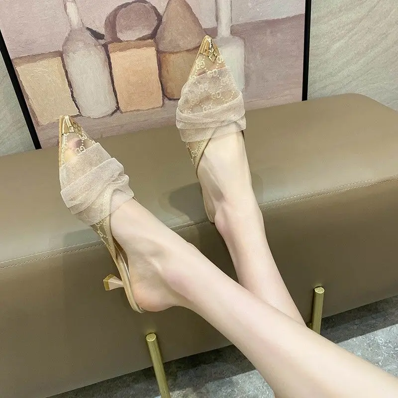 Dép Nửa Đầu Ren Lưới Cho Nữ, Hộp Ngón Chân Ngoài Trời, Mùa Hè Mới, Mũi Nhọn, Dép Cao Gót, Gót Nhọn, Hỗ Trợ Nửa, Giày Nữ Shoes DéP Sandal