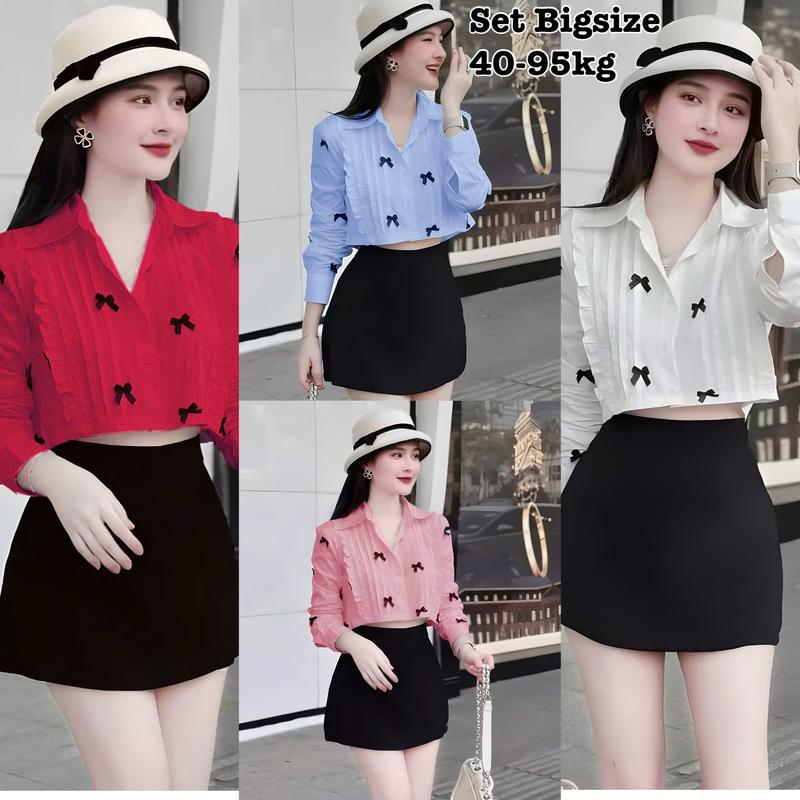 Áo Sơ Mi Nữ Tay Dài Croptop Bigsize  Thiết Kế Phối Nơ Xin Xắn Dự Tiệc Nữ Cao Cấp Xinh Đẹp Sang Trọng  50-95kg  Top  Màu Nâu Sen Màu Đen Set Đồ Nữ đẹp Set Áo Croptop Bộ Suit Nữ Sang Chảnh Bigsize Women Xanh Rêu set  vest - 2399