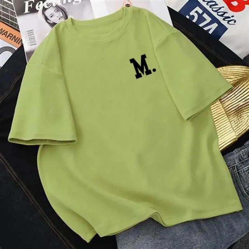 Quần Áo Nữ, Dáng Rộng Ngoại Cỡ, Áo Phông Ngắn Tay, 100% Cotton, Thích Hợp Cho Mùa Hè, Hàng Mới Về Năm 2024, Cân Nặng 32,50 Kg Đến 100,00 Kg, Phong Cách Hàn Quốc, Áo Phông