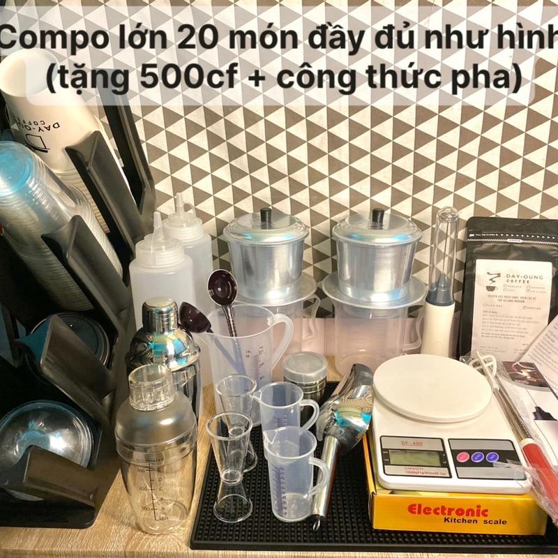 Trọn bộ dụng cụ đầy đủ cho quầy cà phê mang đi (Kệ, bình lắc nhựa/inox, ly định lượng, cân điện tử, thìa, xúc đá, phin pha cà phê ...) Compo 20 món được thêm 500g Cà Phê