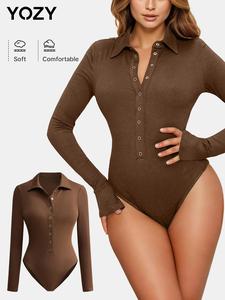 YOZY Women's Solid Button Collared Bodysuit, Casual Long Sleeve Bodysuit for Spring & Fall, Women's Clothes for Daily Wear