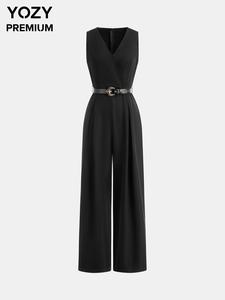YOZY Women's Solid Belted V Neck Jumpsuit, Casual Sleeveless Zipper Jumpsuit for Daily Wear, Ladies Clothes for All Seasons