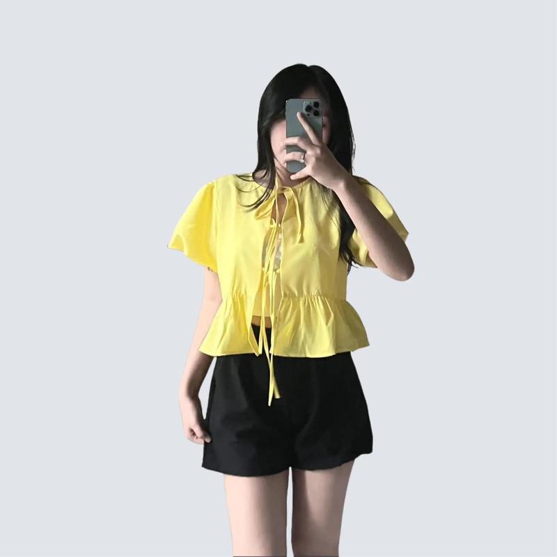 BARE_Áo babydoll dáng ngắn , Áo croptop tay phồng thắt nơ  kèm áo hai dây trong- A364 Nữ Women Kem Cotton Shirt