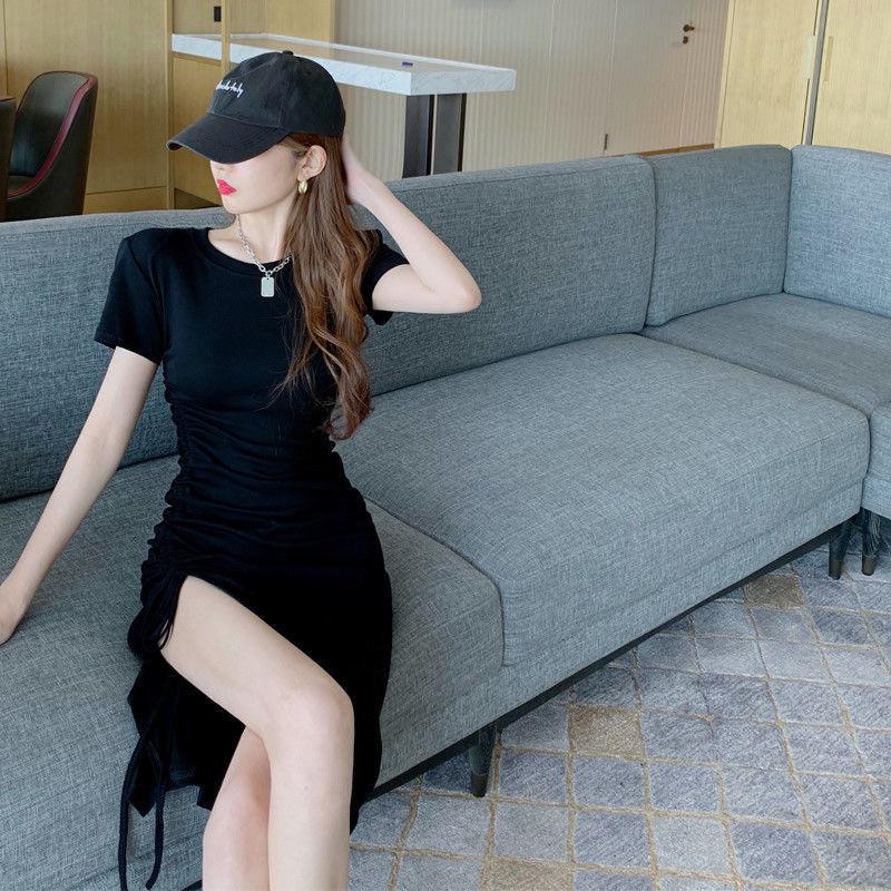 Product Introduction of summer new temperament drawstring slit dress women's waist cinched midi slim slim hip skirt 4