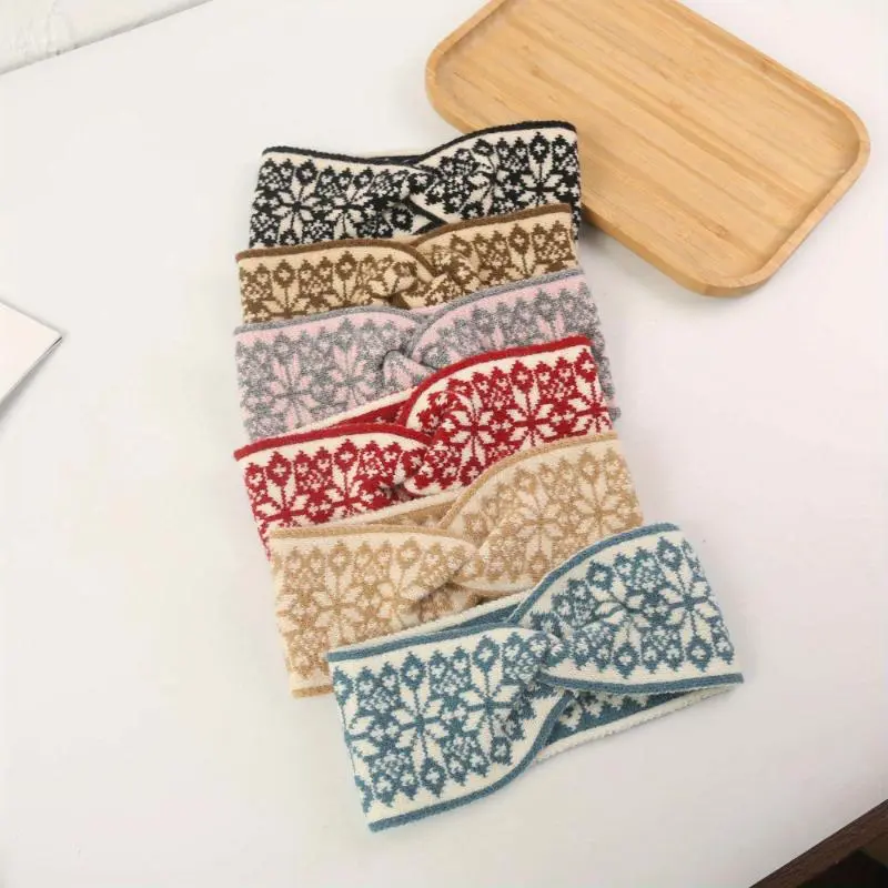 1pc Cozy Knitted Wide Brim Hairband for Women - Soft, Stretchy, and Stylish Winter & Autumn Headband with Intricate Floral Patterns in Black, Beige, Pink, Red, Blue-Gray, and Light Blue-Gray - Perfect for Cold Weather Fashion Accessories