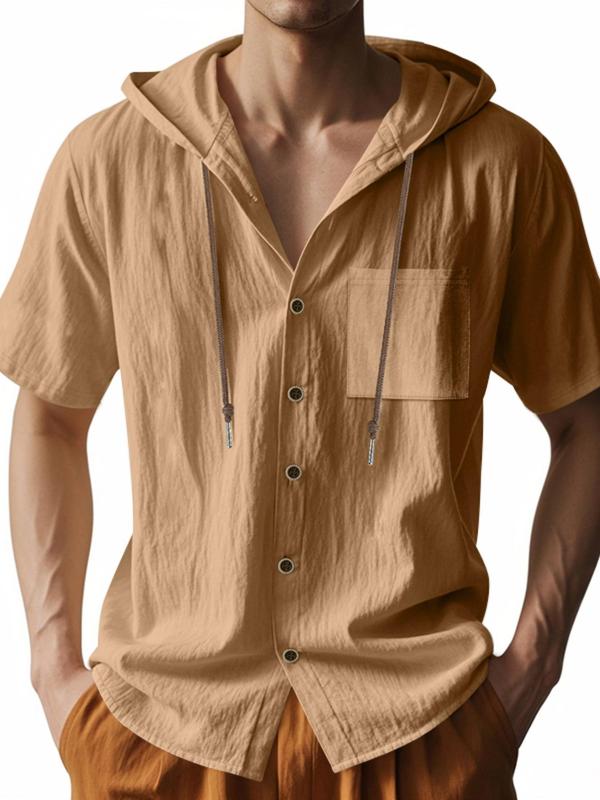 Men's Solid Color Thin Breathable Linen Shirt, Casual Short Sleeve Hooded Top for Summer, Fashion Men's Clothes for Daily Wear, Gamis 5
