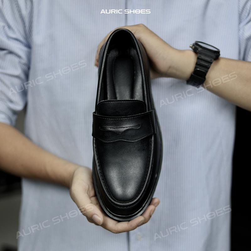 Giày Penny Loafer full đen Form classic - Đế cao đúc nguyên khối tăng 4cm chiều cao - Tặng kèm lót tăng chiều cao