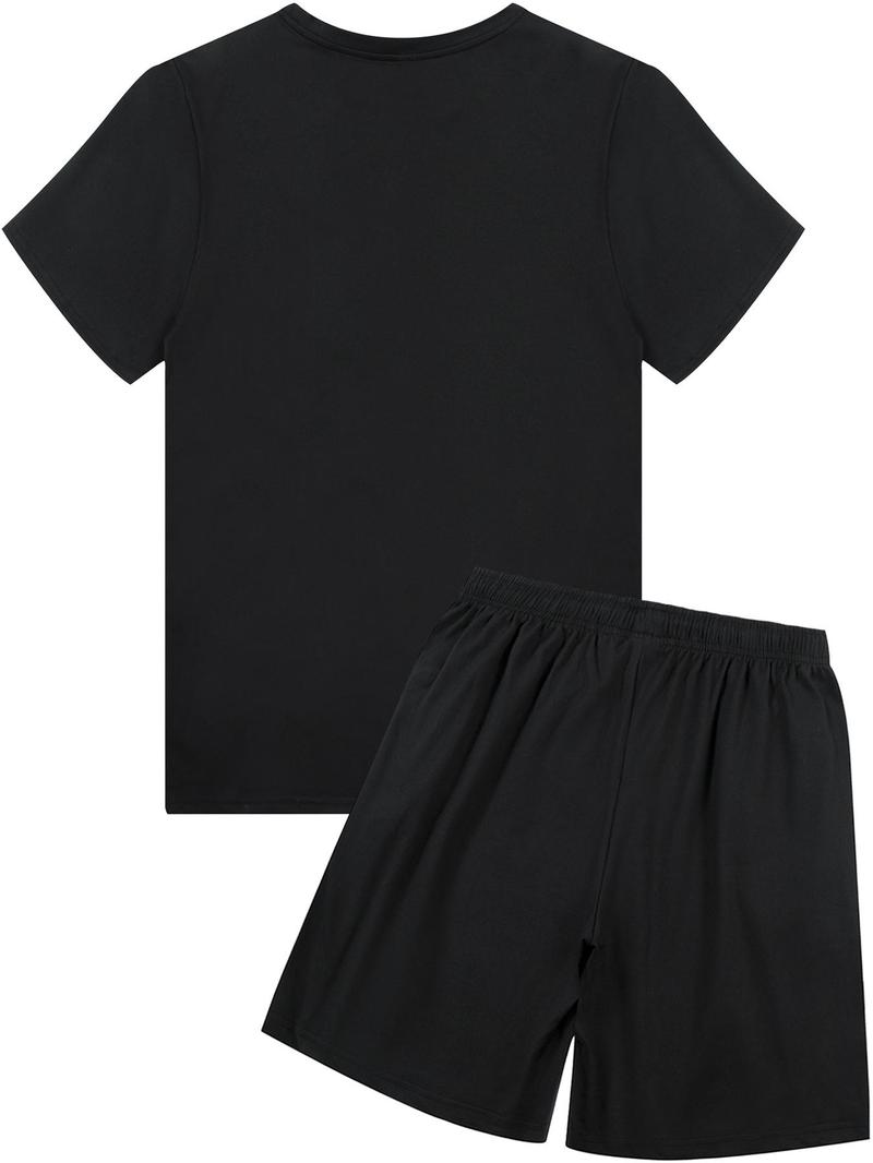 Product Introduction of 2 Piece Set Men's Solid Round Neck Tee & Drawstring Waist Shorts Set, Regular Fit Crew Neck Short Sleeve T-shirt & Pocket Shorts, Casual Fashion Cozy Breathable Men Two-piece Outfits for Summer 10