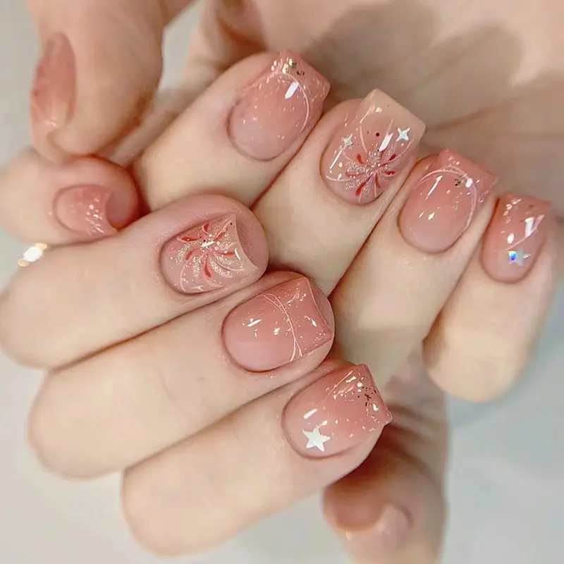 24PCS/1BOX Blush Manicure Fireworks Wearing a Removable Star Nail Short Ballet Nail Patch