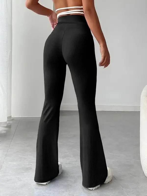Women's Solid Ribbed Flare Leg Sports Pants, Casual Comfy High Waist Bell Bottom Trousers for Daily Wear, Ladies Bottoms Clothing for All Seasons 6