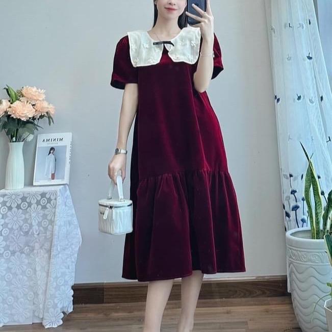 VÁY ĐẦM bầu NHUNG ĐUÔI CÁ [V514] ĐẦM BẦU CÔNG SỞ DỰ TIỆC DÁNG SUÔNG CỔ REN TRẮNG ĐÍNH NƠ ĐẦM BẦU BABY DOLL