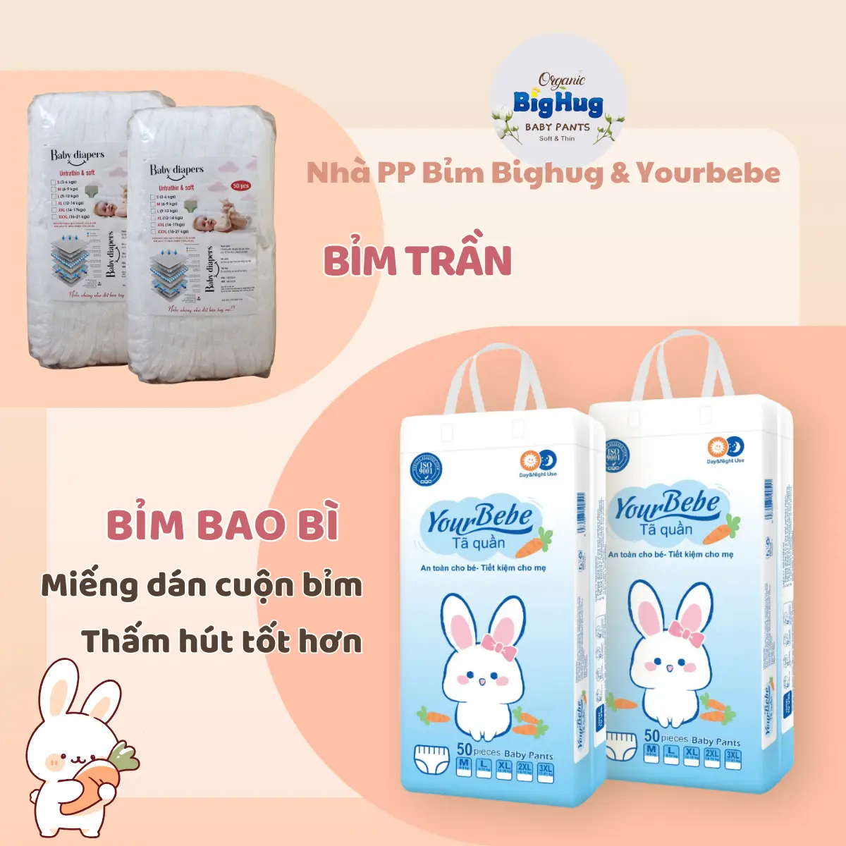 Yourbebe : ( Trần Và Bao Bì ) Combo 100 Bỉm Quần / Tã Dán . Hàng Đủ Size M Đến 3Xl. Bỉm Mỏng 2Mm. Thấm Hút 500Ml - 800Ml Cho Bé Voi