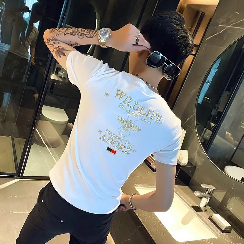 Áo Thun Nam, Phong Cách Mùa Hè, ngắn Tay, Dáng Ôm, Tay Lửng Bó Sát, Hợp Xu hướng, In Thương Hiệu Thời Trang Người Nổi Tiếng Trên Internet, Áo Thun Les Social Guy