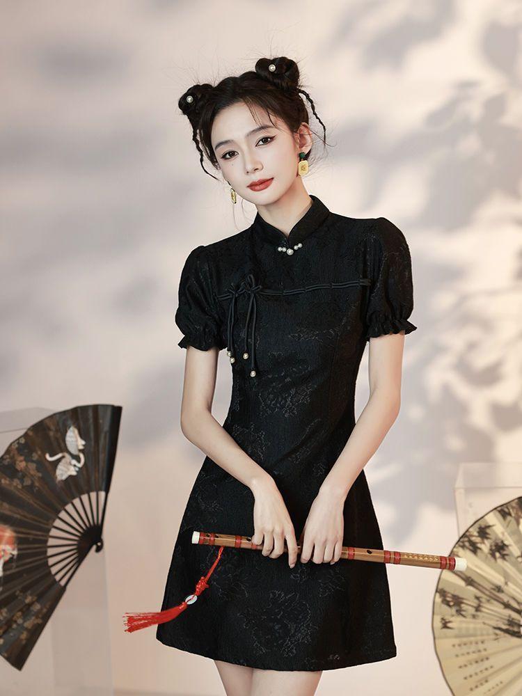 Product Introduction of Black Cheongsam New Summer Improvement Young New Chinese Style Small Girl Dress Lace Short Casual Womenswear 1