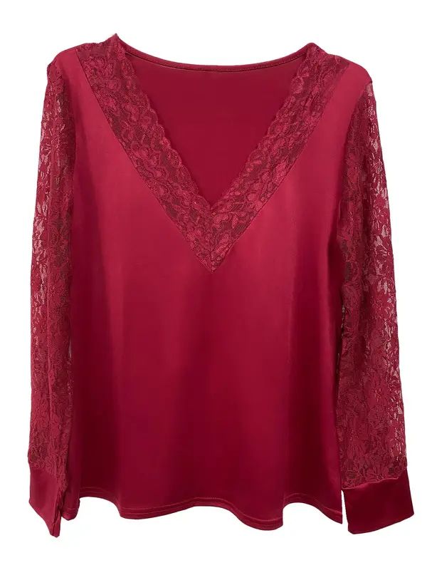 Women's Solid Contrast Lace V Neck Blouse, Fashion Casual Long Sleeve Top for Daily Wear, Women Clothing for Spring Fall, Clothes for Women 5