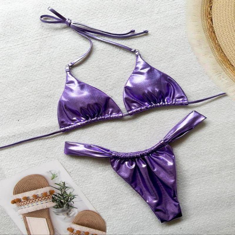 Two-Piece Set Women's Solid Tie Back Halter Bikini Triangle Top & Thong Swimwear Set, Casual Chic Swimwear Set, Ladies Summer Beach Holiday Vacation Swimsuit, 2 Piece Sets Women 5