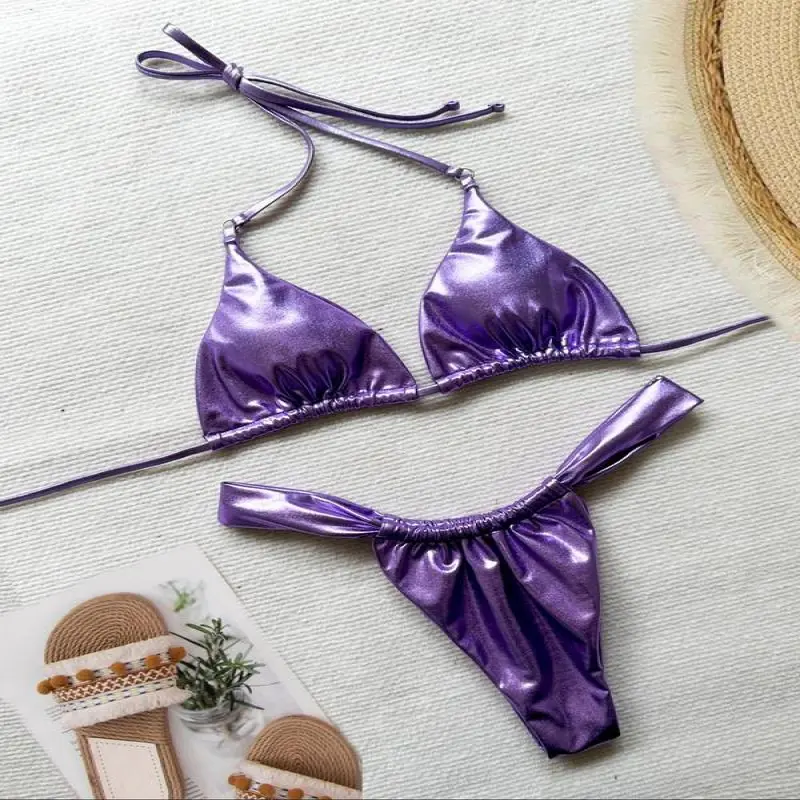 Two-Piece Set Women's Solid Tie Back Halter Bikini Triangle Top & Thong Swimwear Set, Casual Chic Swimwear Set, Ladies Summer Beach Holiday Vacation Swimsuit, 2 Piece Sets Women 5