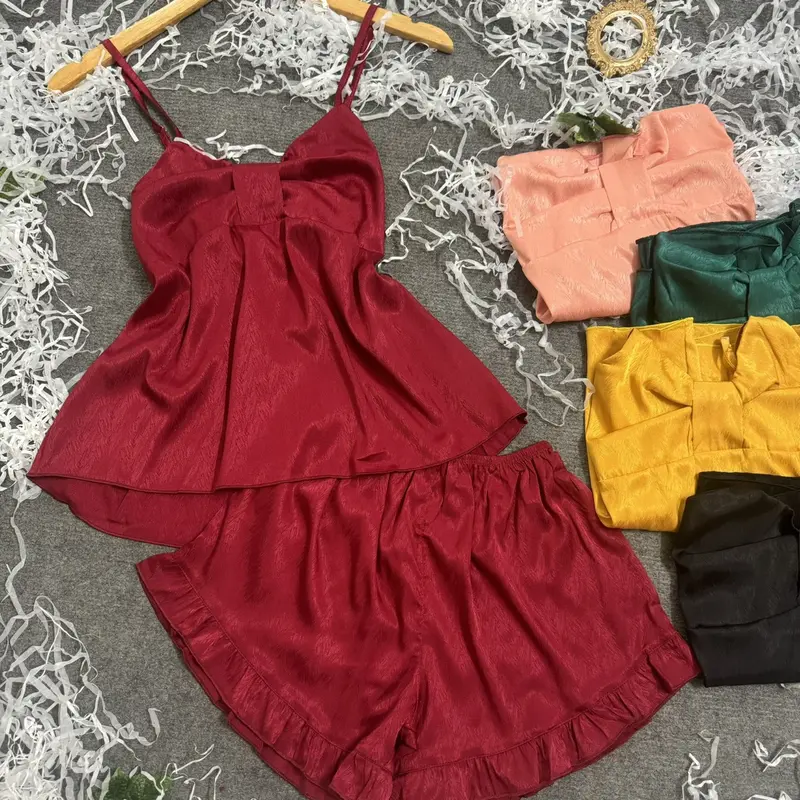 Bộ Đồ Ngủ Nữ 2 Dây Có tăng Chỉnh Xếp Nơ Quần Bèo Chất Vải Gấm Xước LB55 Nhung 1