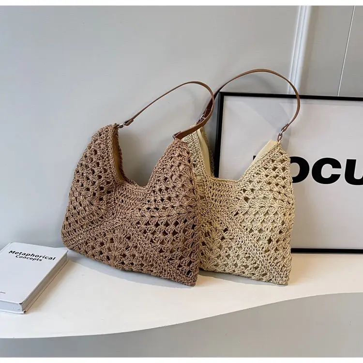 Túi Tote, Phong Cách Mới, Thiết Kế Khoét Lỗ Và Dệt, Chất Liệu Rơm Đi Biển, Dễ Phối Đồ, Đeo Một Bên Vai, Túi Sức Chứa Lớn 8