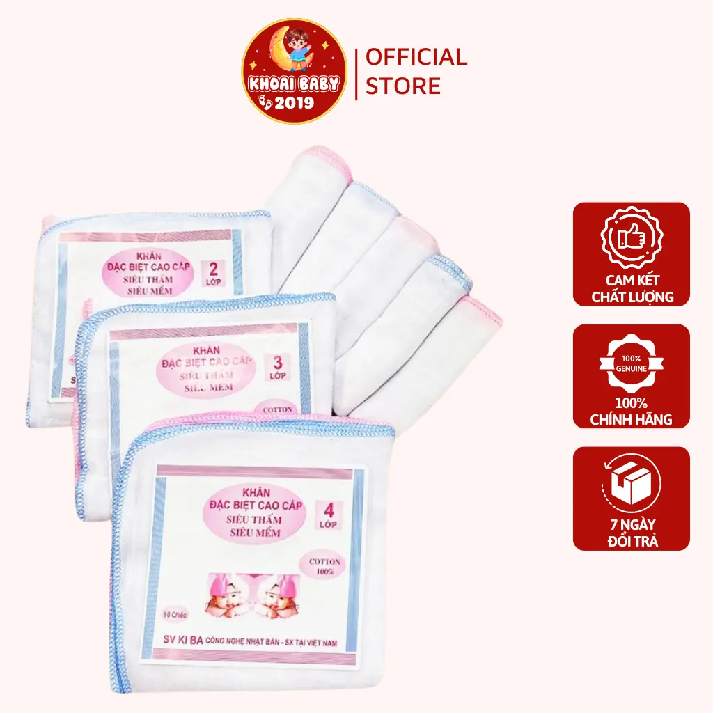 Khăn Sữa Cho Bé Kiba Siêu Mềm Siêu Thấm 2 Lớp, 3 Lớp, 4 Lớp Set 10 Kích Thước 25x25cm