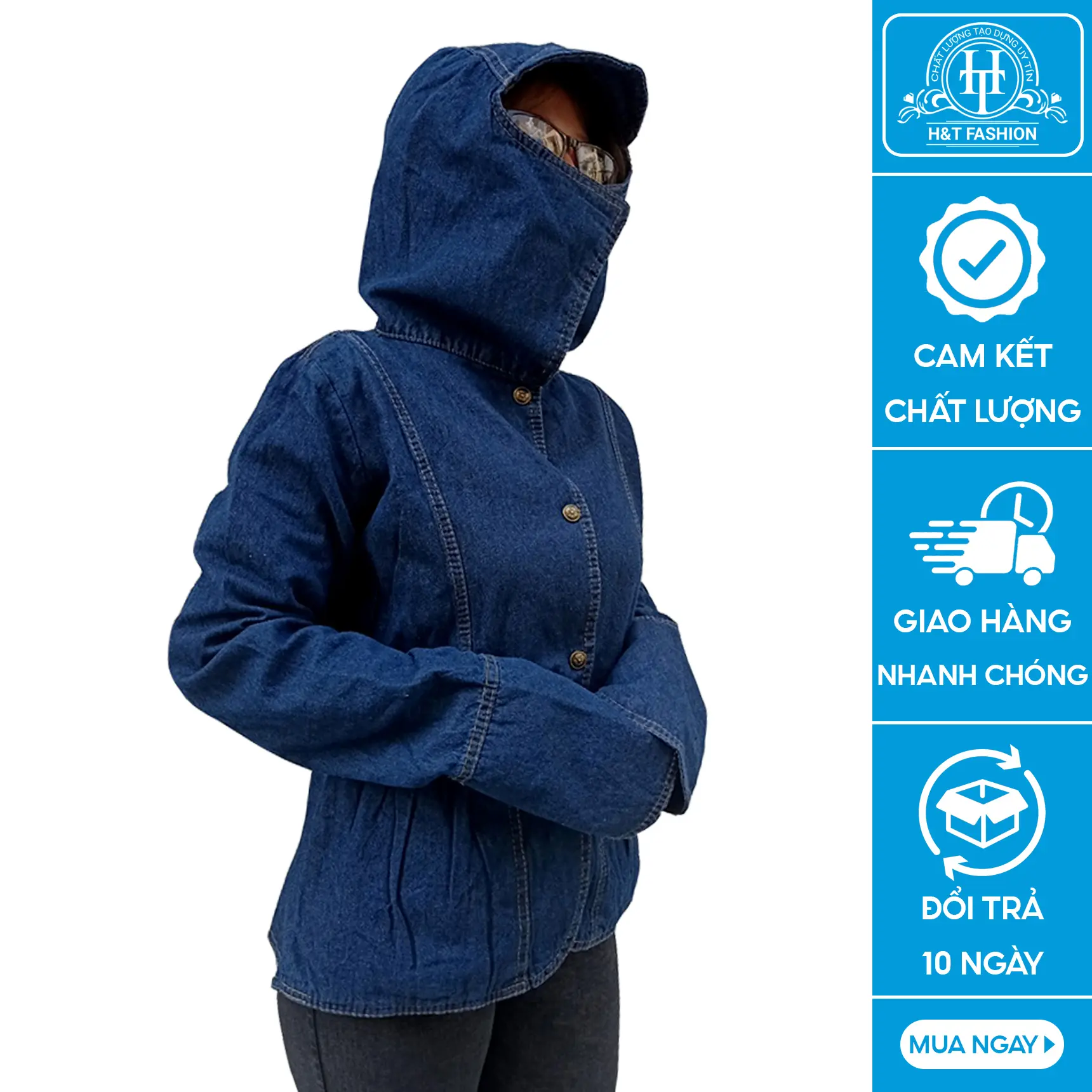 Áo Khoác Chống Nắng Cao Cấp Vải Jean Cotton Dày Dặn, Có Mũ Che Đầu Và Túi Trong Rất Tiện Lợi H&T FASHION