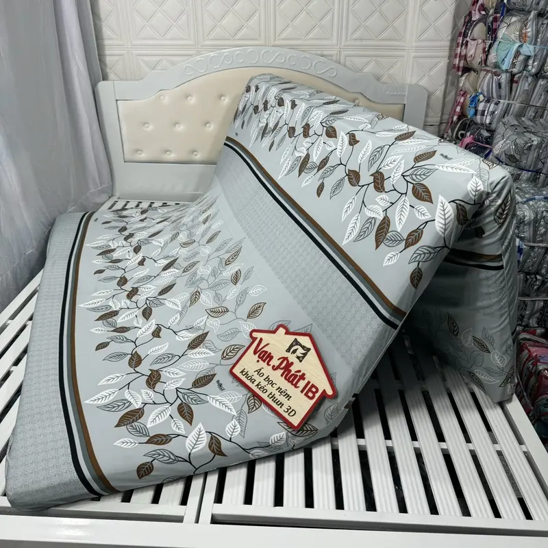 Áo Bọc Nệm Khóa Kéo 2 Mặt Mẫu DÂY LÁ XÁM Thun Lạnh Hàn Quốc 4