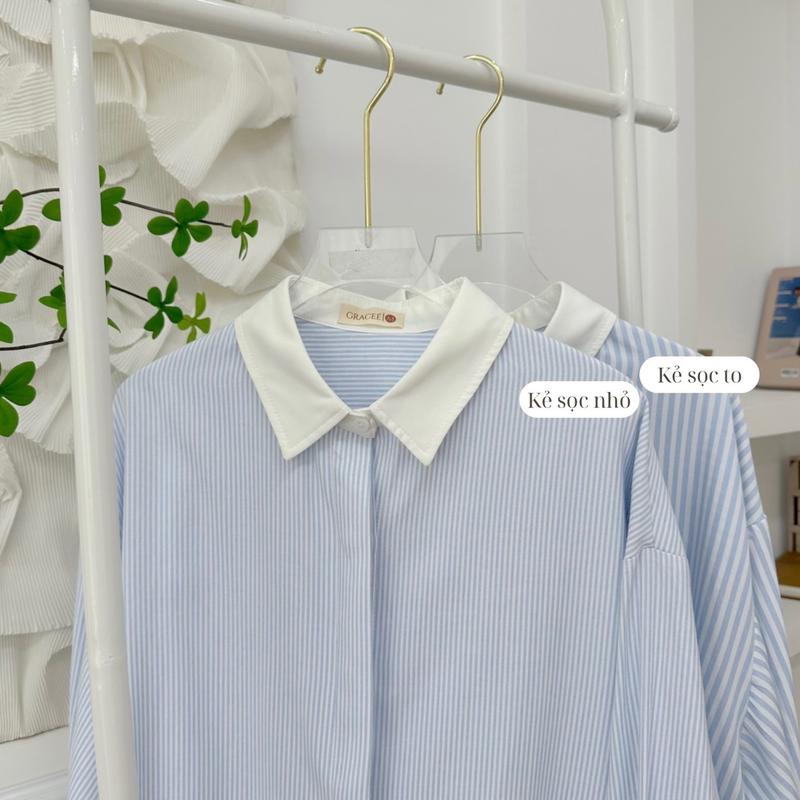 Áo sơ mi Nữ kẻ sọc phối cổ trắng chất thô đũi cotton dáng oversize Women Shirt 8