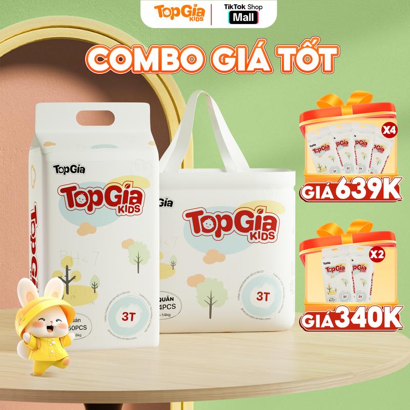 (LIVE - COMBO 4 BỊCH GIÁ TỐT) Tã Bỉm Topgiakids, pH<7 an toàn cho da bé, mềm mại, mỏng nhẹ, chống tràn tối đa, tặng 5 miếng dùng thử (Bỉm) Cho Bé