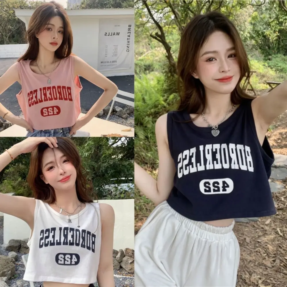 Crop Tops Round Neck Letter Print Short Loose Sleeveless Vest Casual Sports Camis For Women Fashion Summer