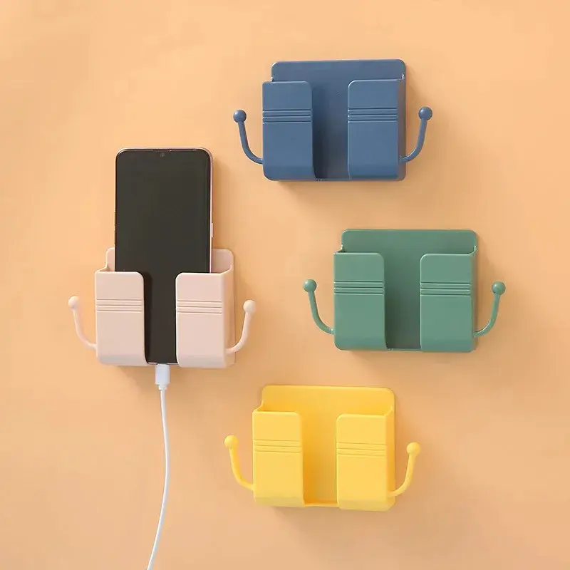 Sticky Wall-Mounted Phone Holder with Hook, Mobile Phone Remote Control Storage Box, Bedroom Storage Box, Kitchen Tools