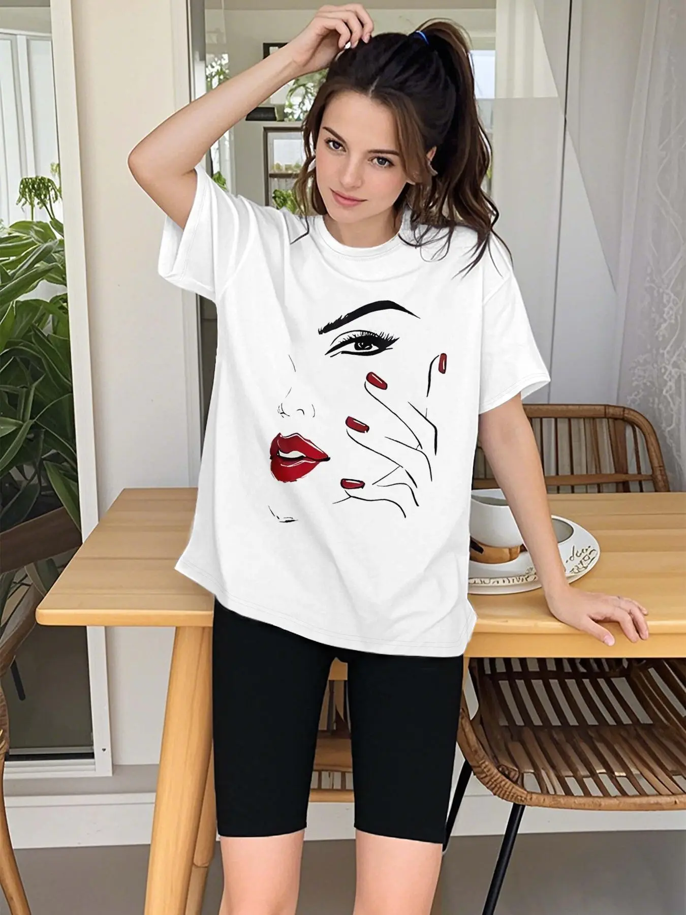 Women's Face Print Tee & Skinny Shorts Two-Piece Set, Casual Fashion Round Neck T-shirt & Shorts for Daily Outdoor Wear, Ladies Clothes for All Seasons