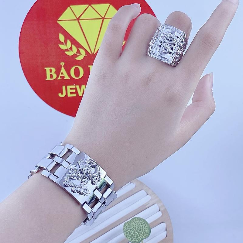  Bộ lắc tay nam xi bạch kim hoạ tiết rồng kèm nhẫn rồng - Trang sức bảo long 