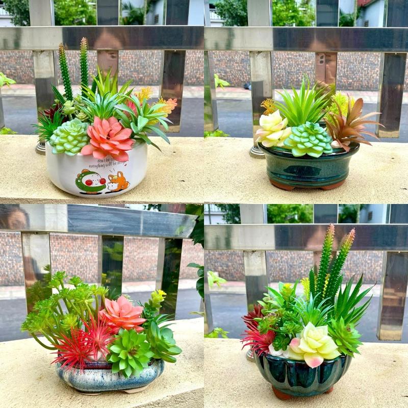 (Cắm sẵn) Chậu sen đá Đà Lạt, bình gốm sứ Bát Tràng - Hoa nhân tạo để bàn trang trí