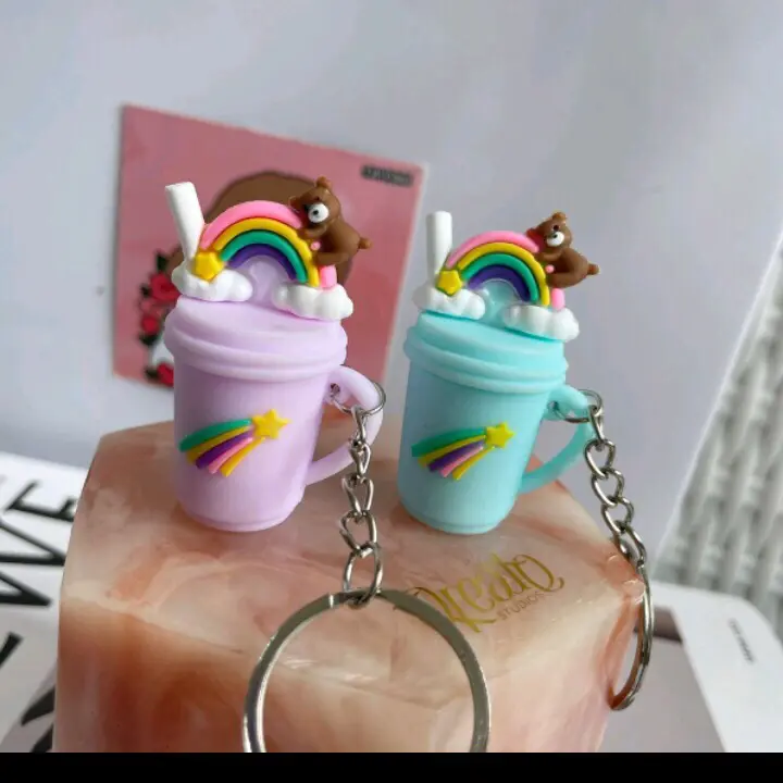 GANTUNGAN KUNCI LEMONADE BERUANG PELANGI BOBA LUCU BENTUK MINUMAN 2