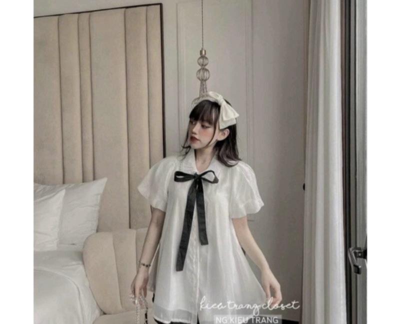  Áo babydoll voan cổ bèo viền ren thắt nơ dáng xòe - Áo váy babydoll voan giấu quần tay bồng_27 Nữ Women Top Beo 