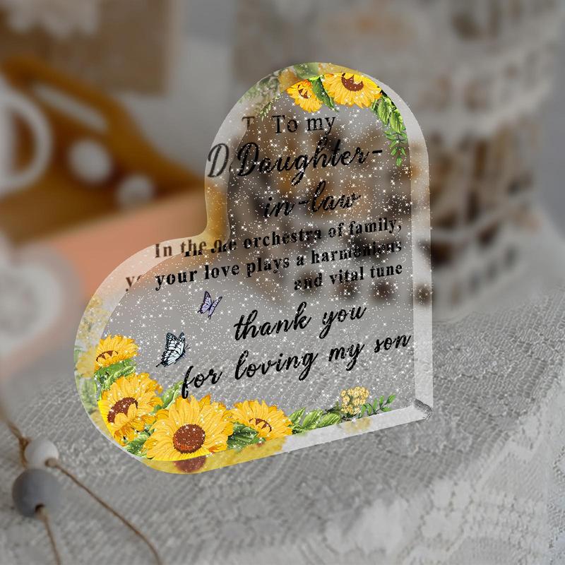 Product Introduction of Heart Shaped Acrylic Plaque, 1 Count Slogan Graphic Acrylic Ornament, Thank You Gift for Daughter-in-law 2