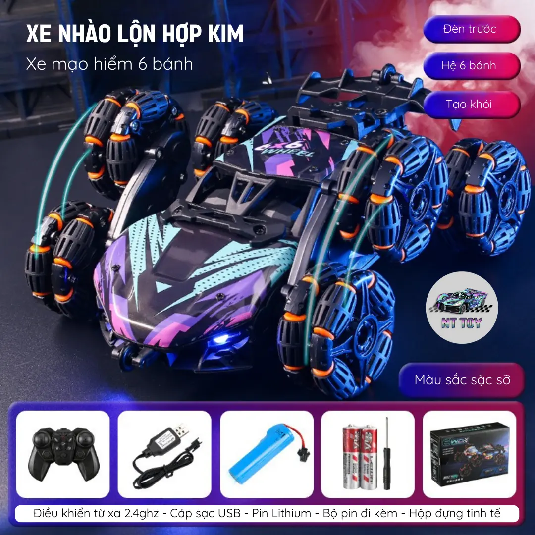 Xe Nhào Lộn 6 Bánh Hợp Kim – Xe Địa Hình Điều Khiển Từ Xa Tạo Khói, Có Đèn LED, Pin Sạc Kèm Theo